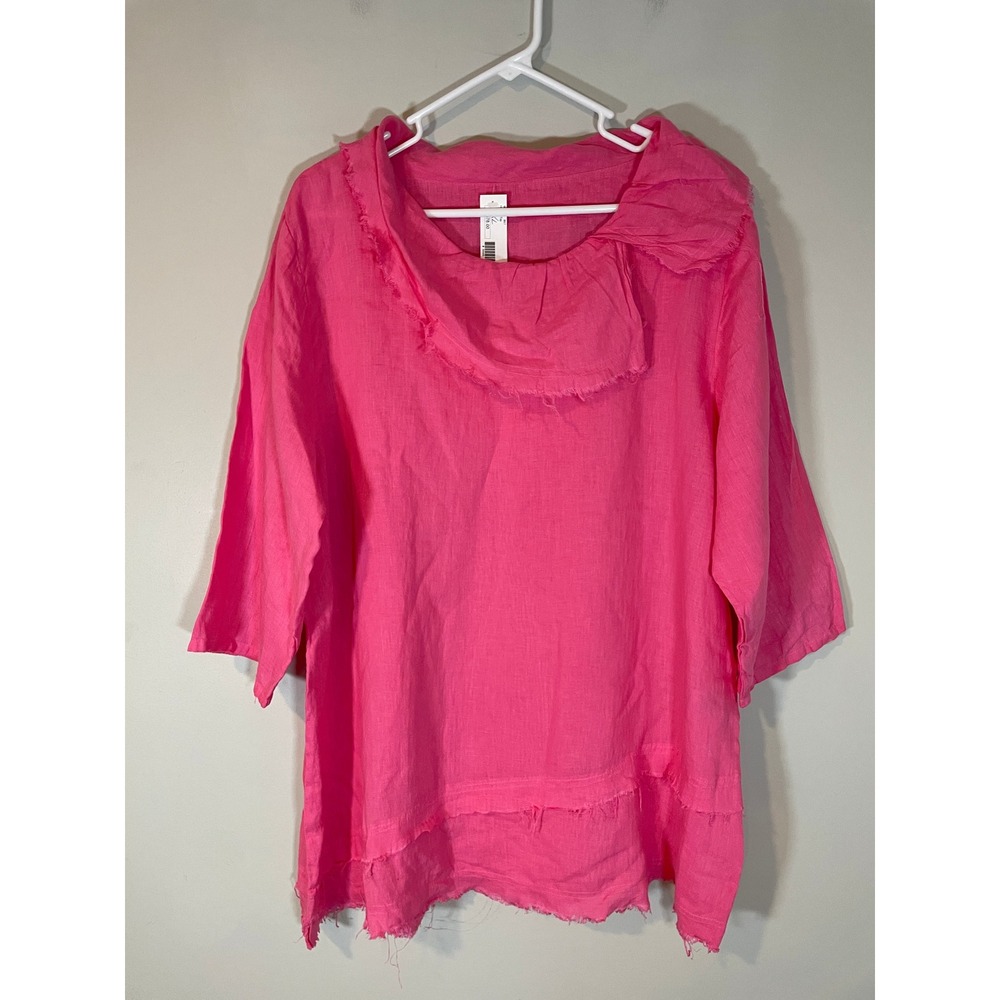 Match Point Hot Pink Linen Tunic Blouse XL Raw Edge Cowl Neck Made in USA